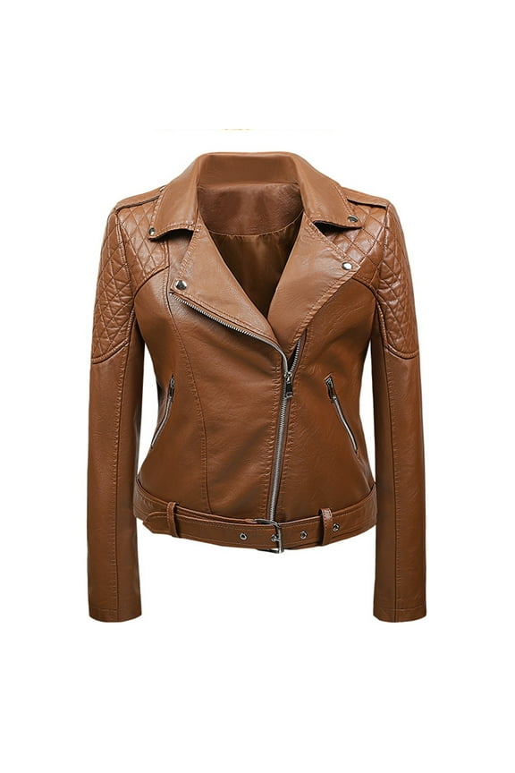 Womens Leather Jacket Women Faux Leather Jacket, Winter Fashion Zip up Motorcycle Short PU Moto Biker Coat Slim Fitted Outwear with Pockets Leisure Brown XL