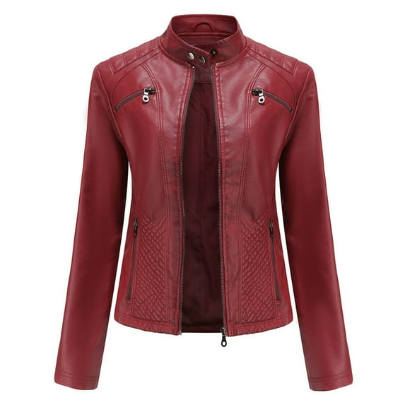 pstuiky Womens Leather Jacket Women Jacket Coat Solid Color Long Sleeve Leather Zipper Coat Short Jacket Hoodless Leather Cardigan with Pockets Leisure Wine XXXL