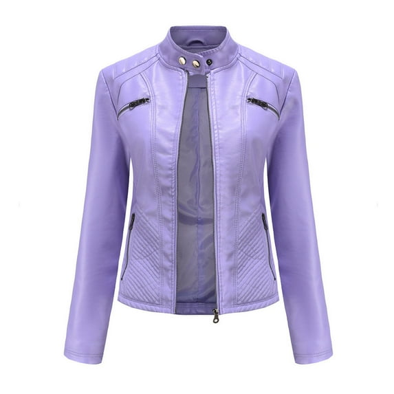 pstuiky Womens Leather Jacket Women Jacket Coat Solid Color Long Sleeve Leather Zipper Coat Short Jacket Hoodless Leather Cardigan with Pockets Leisure Purple XXL