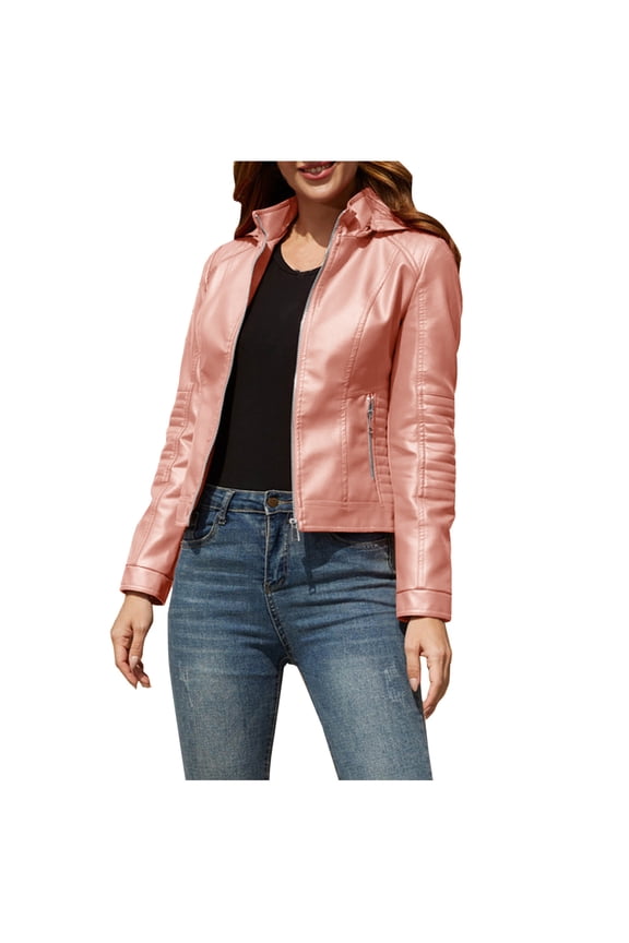 Womens Leather Jacket Women Jacket Coat Solid Color Long Sleeve Leather Zipper Coat Short Jacket Hoodless Leather Cardigan with Pockets Leisure Pink XXL