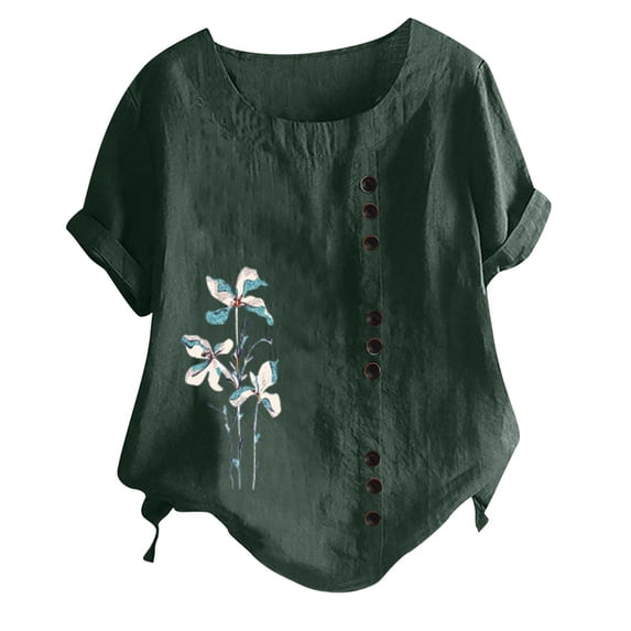Up to 60% Off! pstuiky Womens Linen Tops, Women Cotton and Linen T-Shirt Plus Size T-Shirt Solid Color Crewneck Short Sleeve Top Printed Pullover Seven-Point Sleeve Top Clearance Green XXXXXL