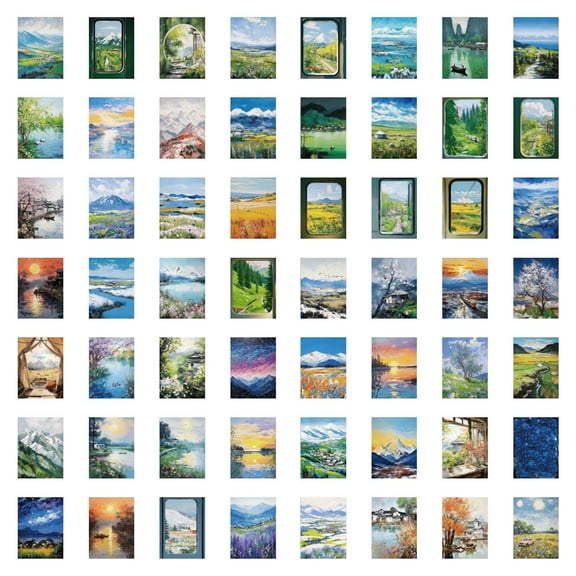 60 Oil Painting Scenery Stickers, Oil Painting Style Designs Of Various Beautiful Natural Landscapes Including Mountains Rivers Fields And Forests, Small And Clear Handheld