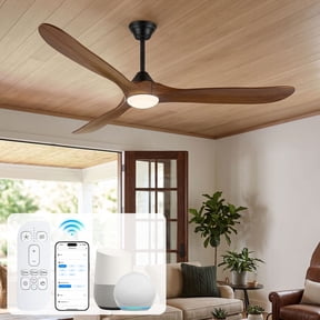 60" Wood Propeller Ceiling Fans with Lights, 3 Walnut Color Solid Wood Blades, ETL Listed Quiet DC Motor, Smart Alexa/App/Remote Control, Modern Farmhouse for Family Room Indoor High Ceilings