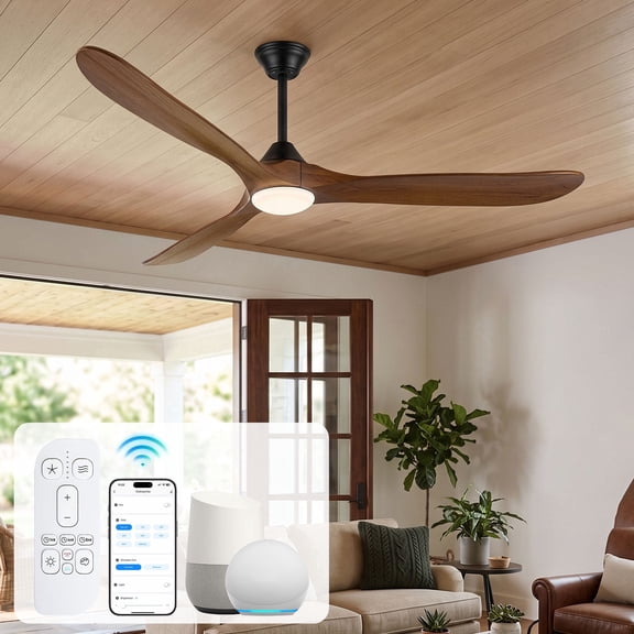 60" Wood Propeller Ceiling Fans with Lights, 3 Walnut Color Solid Wood Blades, ETL Listed Quiet DC Motor, Smart Alexa/App/Remote Control, Modern Farmhouse for Family Room Indoor High Ceilings