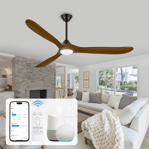 60" Outdoor Ceiling Fans for Patios with Lights, 3 Blades Wood Propeller Large Smart Alexa Fan, Modern Farmhouse, Indoor Outside Kitchen Porch Garage