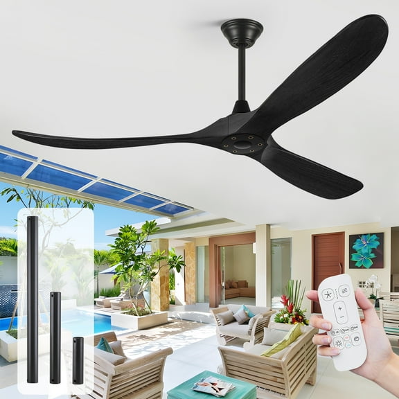 60" Outdoor Ceiling Fans for Patios, Modern Black Large Ceiling Fan without Light, 3 Wood Blades Quiet Reversible DC Motor Fan for Indoor Outside Living Room Garage