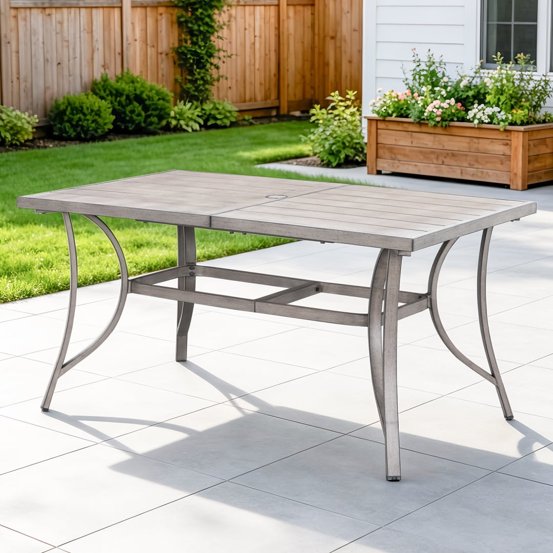 60" Outdoor Rectangle Dining Table for 6 with Umbrella Hole, Aluminum Sturdy Frame, Limed Oak