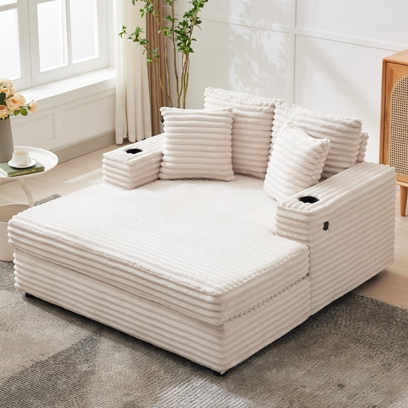 60"Oversized Chaise Lounge Chair,Cloud Fluffy Chaise Lounges with Cup Holder and USB&Type C Charging Port,Corduroy Upholstered Boneless Sofa Bed with Throw Pillows for Living Room,Home(ship in 2 boxes