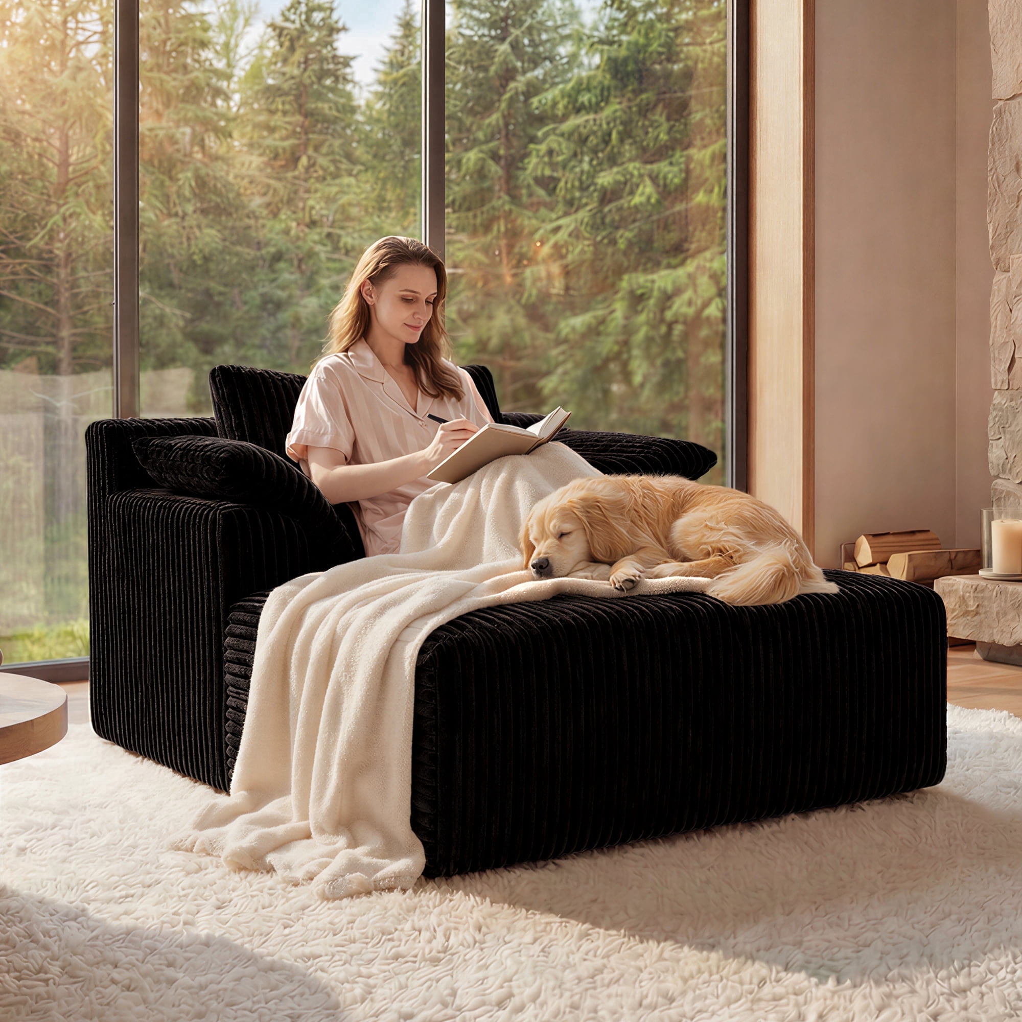 ChenyueFurn 60" Corduroy Chaise Lounge, Oversized Boneless Sofa Bed, Deep Seat Cloud Couch, No Assembly, Black