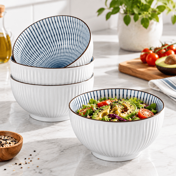 60 Oz Large Soup Pho 8 Inch Blue And White Ceramic Ramen Set Of 3 - Striped Pattern