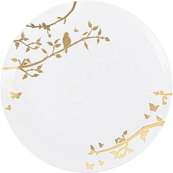 (60 PACK) EcoQuality 10" inch Round White Plastic Plates with Gold Floral Design - Spring Flower Heavy Duty Large Disposable Charger Dinner Plate Weddings, Tableware, China Like Party Plates