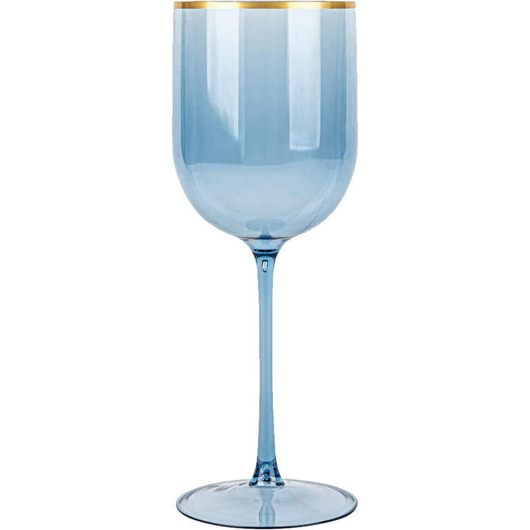 (60 PACK) EcoQuality Translucent Plastic Blue Wine Glasses with Gold Rim -  12 oz Wine Cups with Stem, Disposable Shatterproof Wine Goblets, Reusable
