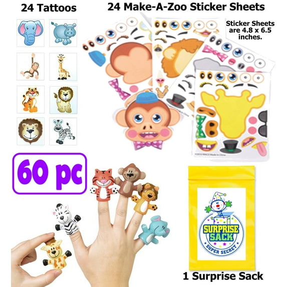 60 PC Super Safari Zoo Party Favor Pack - Great Toddler Party Favors, Animal Party Favors, Safari - Jungle Party Favors, and Party Favors for Toddlers (Stickers, Tattoos, Puppets)