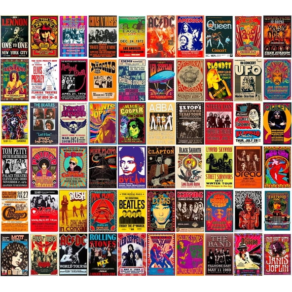 60 PC Vintage Rock Band Posters, 70s 80s 90s Retro Concert Prints, Bedroom Wall Art, Album Cover Collage, 4x6 Inch (Set of 60)