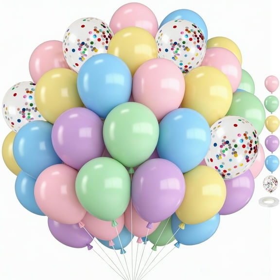 60 PCS 12 Inch Multicolor Macaron Balloons Colorful Latex Party Balloon, Baby Pink Blue Purple Yellow and Teal Rainbow Confetti Balloon for Kids Pastel Birthday Easter Party Baby Shower Wedding