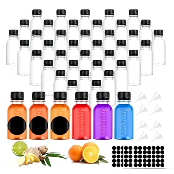 60 PCS 3.5oz Small Plastic Shot Bottles with Caps, Reusable Clear Juice Containers with Labels, Empty Plastic Containers with 8 Funnels for Ginger Shots, Liquids and Beverages
