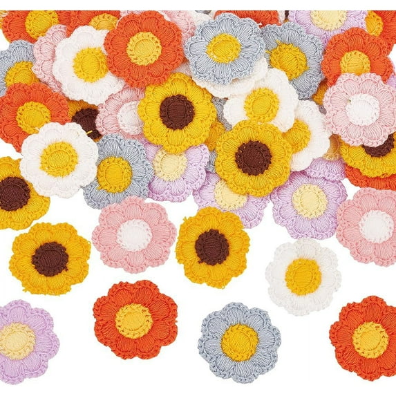 60 PCS 6 Colors Crochet Flowers Applique 1.2x1.3inch Sewing Flowers Cloth Patches Handmade Knitted Flowers Patches Crocheted Floral Costume Accessories