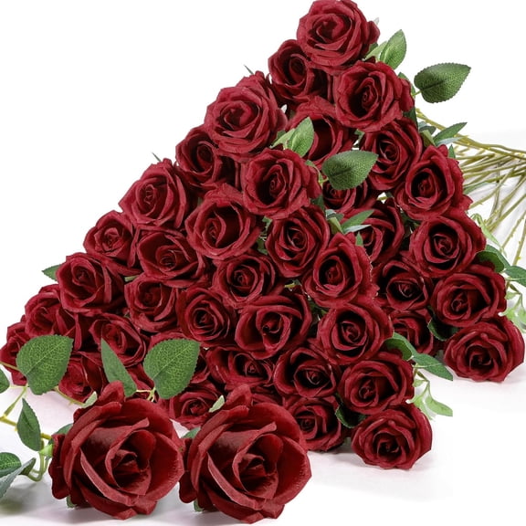 60 PCS Artificial Roses Bulk Silk Flowers with Long Stems, Realistic Faux Rose Bouquet for Wedding Centerpieces, Valentine’s Party, Home Decor(Burgundy)