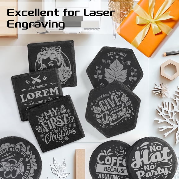 60 PCS Black Slate Stone Coasters Bulk, 4 Inch 20 PCS Square, 20 PCS Round, 20PCS Hexagon Handmade Drink Coaster for Laser Engraving, Engravable Blanks Material for Engraver, Gifts, Halloween