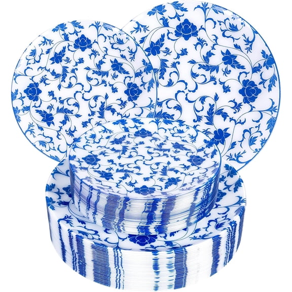 60 PCS Blue Plastic Plates - Blue Floral Plates - Disposable Decorative Plate Sets Include 30 Dinner & 30 Dessert Plate for Wedding Birthday Party Supplies
