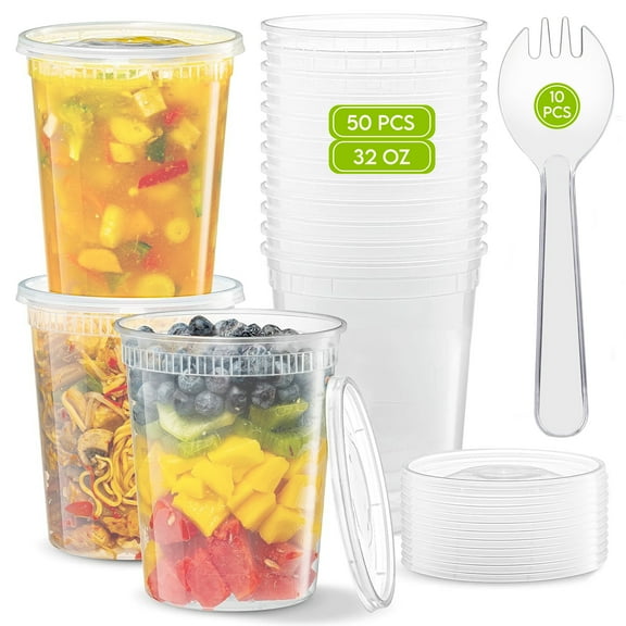 60 PCS Deli Containers with Lids- 32oz*50 pcs Deli Cups & 10 Spoons for Meal Prep - Kitchen Airtight Food Storage Container for Soup, Sauce-BPA-Free- Freezer Container Safe for Dishwasher, Microwave