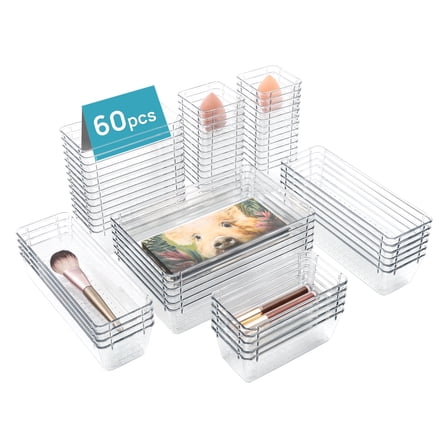 Sindcom 60 PCS Drawer Organizer, 4-Size Clear Plastic Bins Containers, for Bathroom and Vanity Storage
