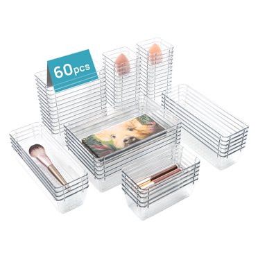 Vtopmart 60-Piece Drawer Organizer Set - 4 Size Clear Plastic Bins For Bathroom, Kitchen & Office