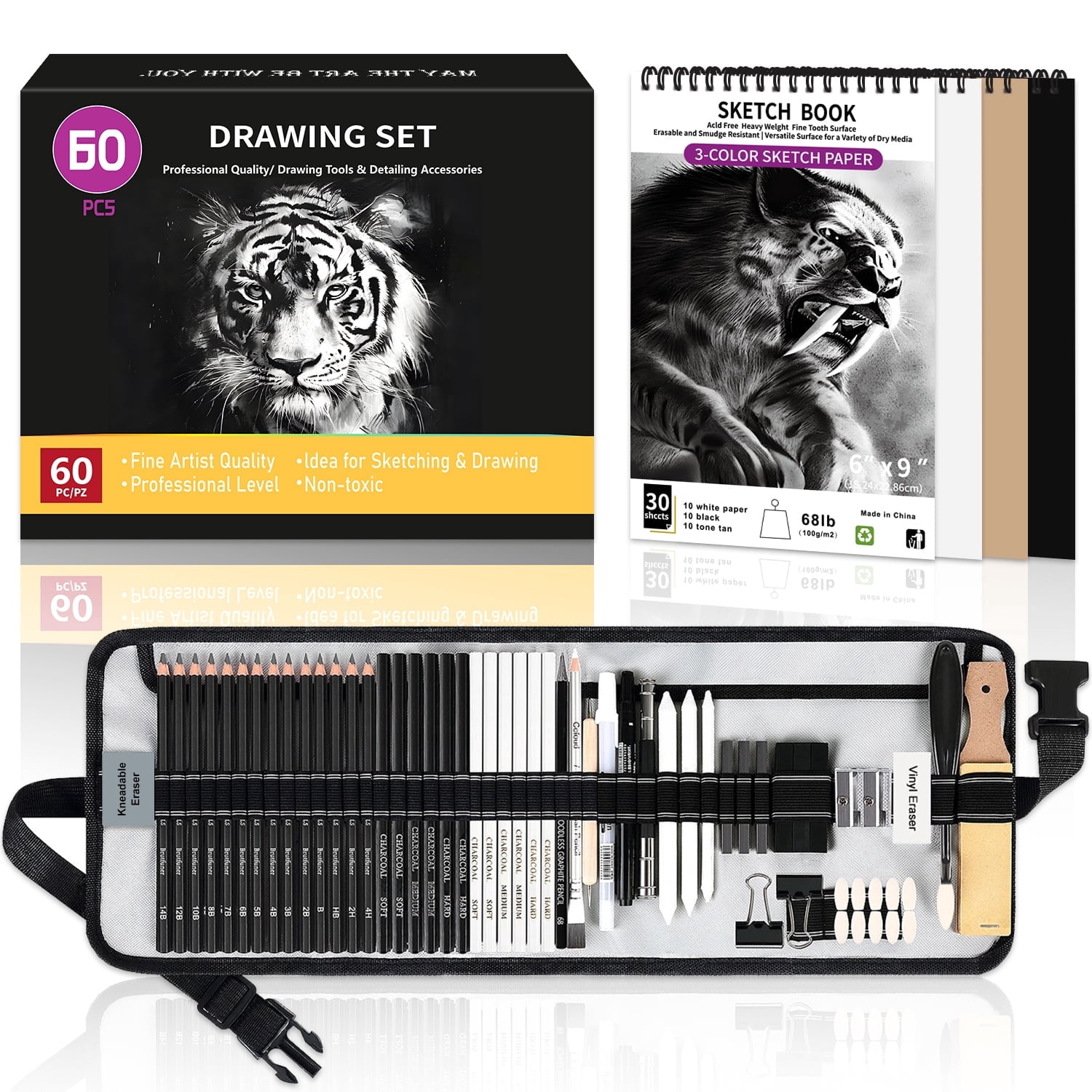 60 PCS Drawing Kit Sketching Pencil Set,Sketch Pencils Art Supplies with 3-Color Sketchbook,Graphite,Charcoal,Blending Tools,Drawing Pencils for Adults Artists