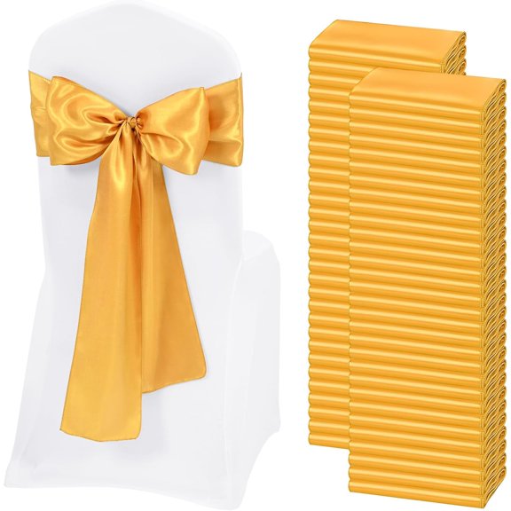 60 PCS Gold Satin Chair Sashes, Ties Bows Designed Chairs Decorative, Chair Cover Sashes for Thanksgiving Wedding Christmas Banquet Party Home Kitchen Decoration (7 x 108 inch)