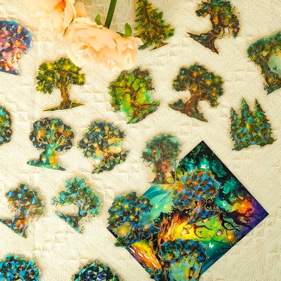 60 PCS Green Magic Tree PET Stickers ā Holographic Foil Waterproof Decals for Kids Journals, Scrapbooking & DIY Crafts
