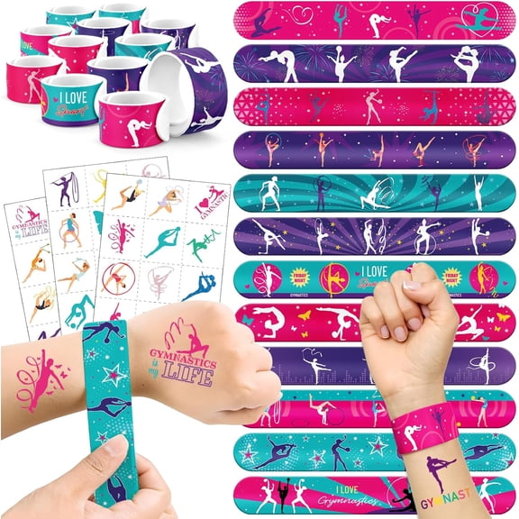 60 PCS Gymnastics Party Favors Set - 36 Temporary Tattoos Sticker & 24 Slap Bracelets for Kids, Perfect for Birthday Parties, Classroom Rewards and Gifts