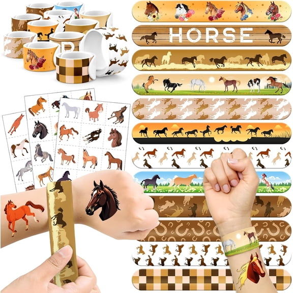 60 PCS Horse Party Favors Set - 36 Temporary Tattoos & 24 Slap Bracelets for Kids, Perfect for Horse-Themed Birthday Supplies, Classroom Rewards and Farm-Themed Fun