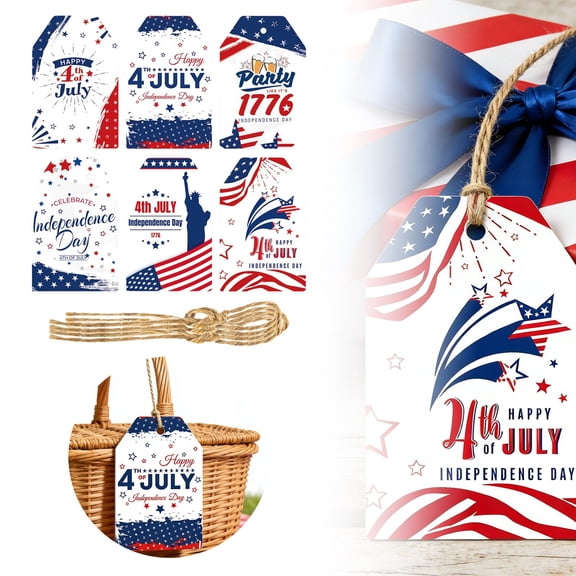60 PCS Independence Day Paper Gift Tags, Red Blue Patriotic Sign Tags with Hemp Rope Hanging Labels for Happy 4th of July Holiday Party, DIY Presents Package, Ornament Kits