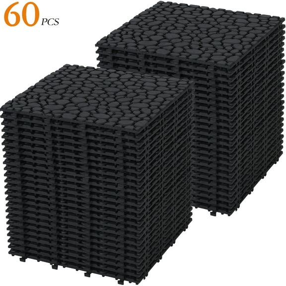 60 PCS Interlocking Deck Tiles 12" x 12", Plastic Patio Tiles Outdoor Flooring Deck Tiles, Waterproof Outdoor All Weather, Floor Tiles for Balcony Backyard Indoor Outdoor, Black(Pebble Stone Pattern)