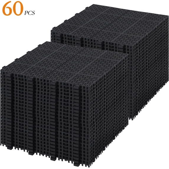 60 PCS Interlocking Deck Tiles 12" x 12", Plastic Patio Tiles Outdoor Flooring Deck Tiles, Waterproof Outdoor All Weather, Floor Tiles for Balcony Backyard Porch Indoor Outdoor, Black(Rosette Pattern)