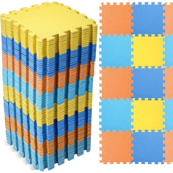 60 PCS Kids Foam Puzzle Floor Mat Bulk - Solid Color Foam Play Mat with Borders Interlocking Multi Use Floor Rug for Children, 12 Inch(Dark Blue, Light Blue, Orange, Yellow)