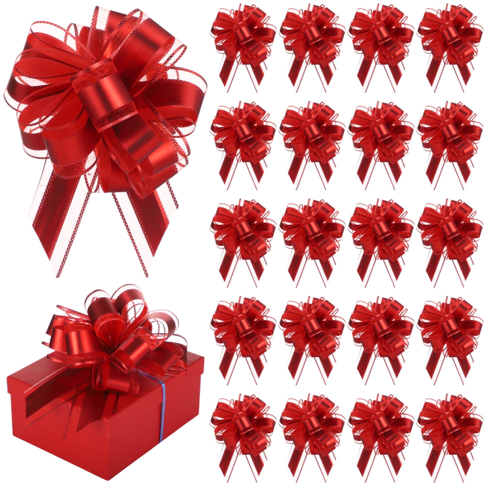60 PCS Large Pull Bows, Large Red Ribbon Bows with Pull Strings, Easy Wrap Decorative Bows for Present Boxes, Party Decor, Holiday Wrapping, Wedding or Celebration Packaging Use