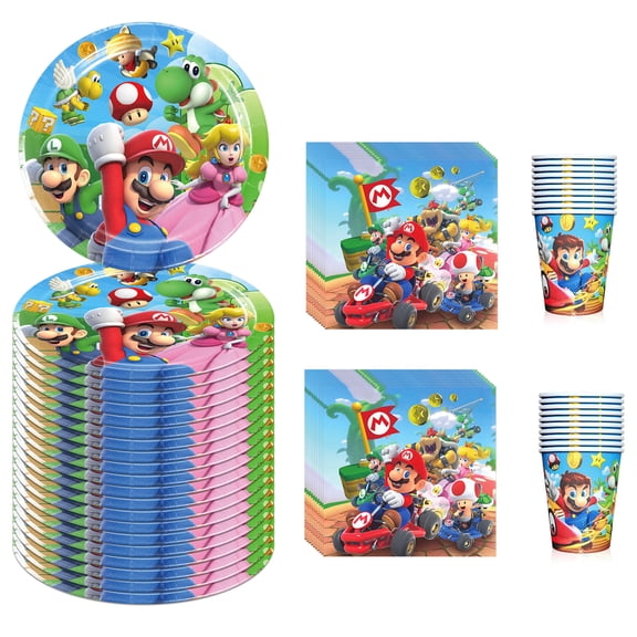 60 PCS Mario Birthday Tableware Set, 20 PCS Paper Plates, 20 PCS Napkins and 20 PCS Paper Cups for Birthday Party Supplies