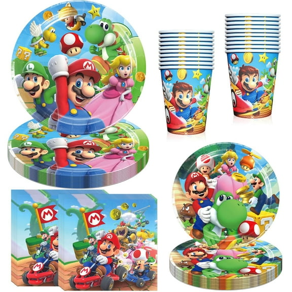 60 PCS Mario Tableware Sets, Birthday Party Supplies Paper Plates and Napkins Set Includes 20 PCS Plates, 20 PCS Napkins and 20 Paper Cups for Mario Party Decorations