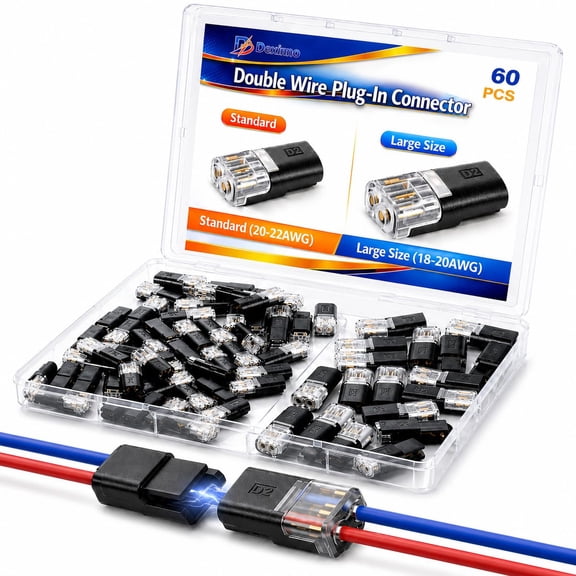 60 PCS Quick Connect Wire Connectors, No Wire Stripping - 2 Pin Double Wire Plug-in Connectors with Locking Buckle - Low Voltage LED Wire Connectors for Safe & Simple Wiring (20-22AWG & 18-20AWG)