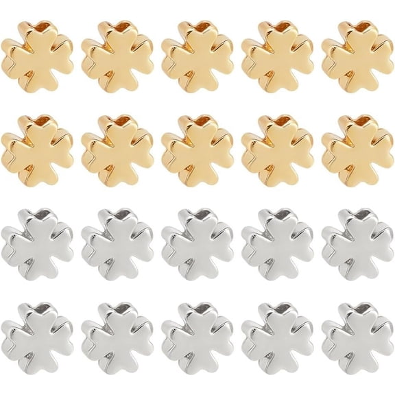 60 PCS Real 18k Gold Plated Brass Clover Shape Spacer Beads Four Leaf Clover Loose Spacer Beads Platinum and Gold Brass Beads