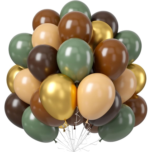 60 PCS Sage Green, Gold, Brown Latex Balloons - Woodland Camo Army Olive Green, Dark Brown, Coffee Nude Gold Party Balloons for Jungle Safari Woodland Hunting Birthday Decorations