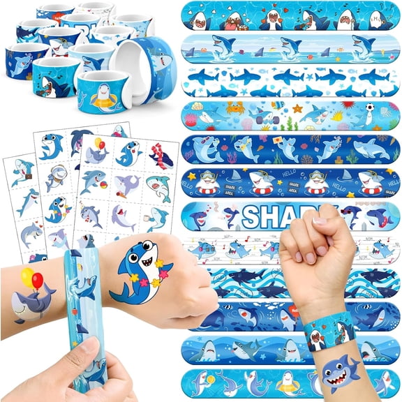 60 PCS Shark Party Favors Set - 36 Temporary Tattoos & 24 Slap Bracelets for Kids, Perfect for Ocean-Themed Birthday Supplies, Undersea Decorations and Gifts