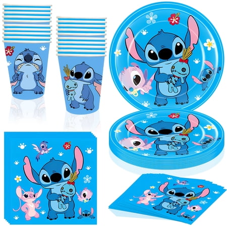 60 PCS Stitch Birthday Decorations Tableware Set, Stitch Plates and Napkins Party Supplies Includes 20 PCS Paper Plates, 20 PCS Napkins and 20 PCS Paper Cups