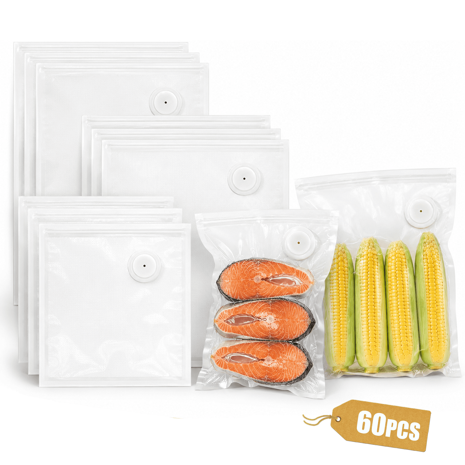 60 PCS Vacuum Sealer Bags for Food, Reusable Vacuum Seal Bags with Air Valve, Double Zipper Seal & Sealing Clips, Clear Vacuum Storage Bags for Kitchen Food Storage, 20 L + 20 M + 20 S