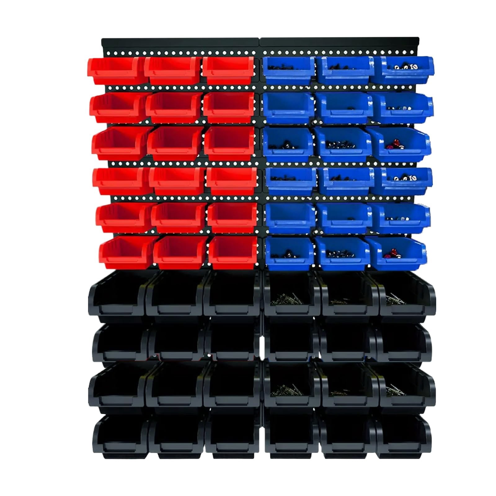 60 PCS Wall Mounted Storage Bins Organizer, Large Plastic Nut & Bolt Organizer with Pegboard, Screw Storage Bins for Garage, Workshop, Hardware, Crafts (Blue & Red & Black)