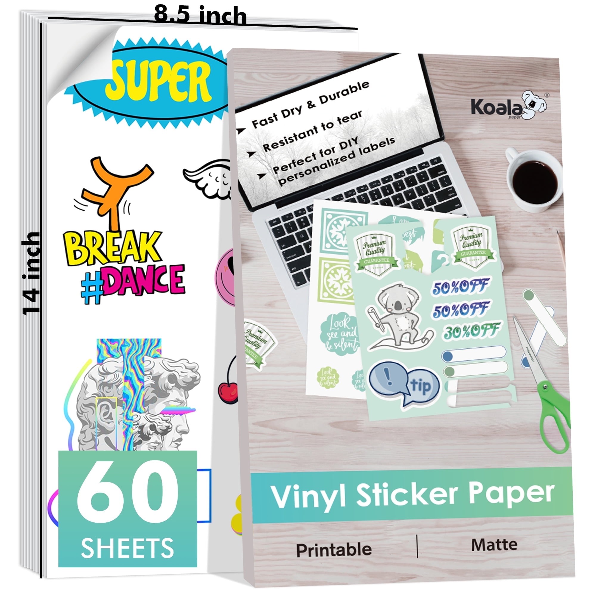 60 PK KOALA Printable Vinyl Sticker Paper 8.5x14,Waterproof,Cutable Matte White for Inkjet and Laser Printers