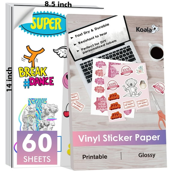 60 PK KOALA Printable Vinyl Sticker Paper Glossy White Waterproof 8.5x14 in Legal Size for Inkjet,Laser Printers and Cutting Machines