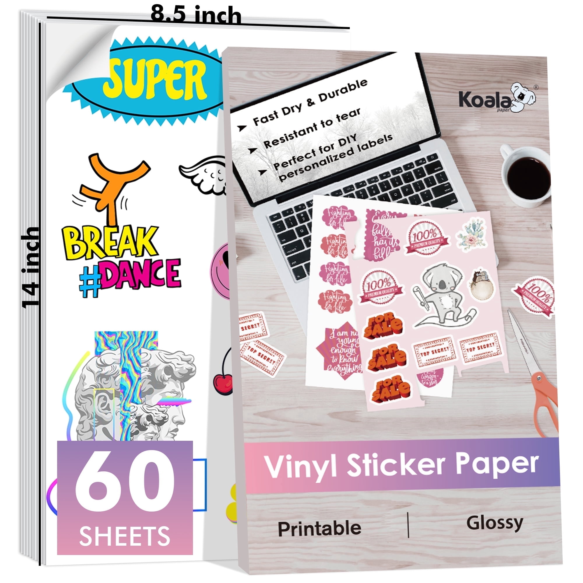 60 PK KOALA Printable Vinyl Sticker Paper Glossy White Waterproof 8.5x14 in Legal Size for Inkjet,Laser Printers and Cutting Machines