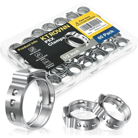 60 Pack 1/2 Inch PEX Cinch Clamps Rings, Heavy Duty 304 Stainless Steel Pex Crimp Rings, Thickened Single Ear Hose Clamps for PEX Tubing Pipe Fitting Connections